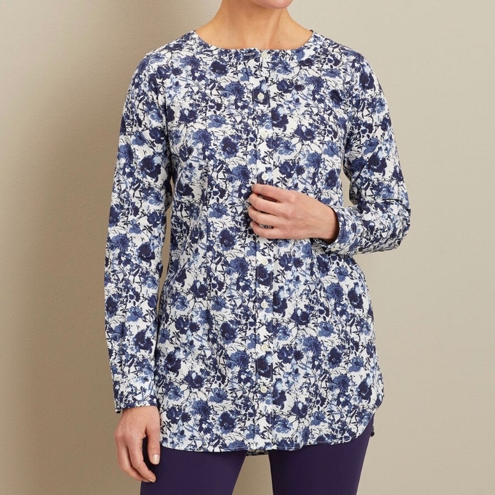 Duluth Trading Co Womens XXL Blue Floral Button Front Tunic Top Stretch Cotton